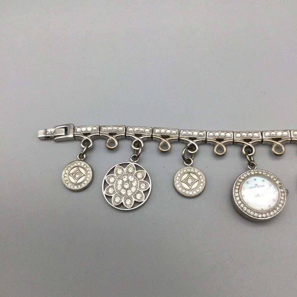 Anne Klein Watch Women 20mm Silver Tone Bling Charm Bracelet Band New Battery 7